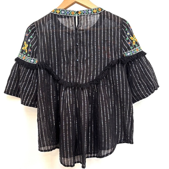 Zara Embroidered Sheer Boho Blouse Fringe Trim Bell Sleeves Festival Black M - Picture 8 of 15